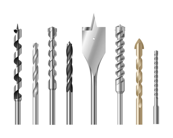 Boor bits set van staal of metaal met verschillende draaivormen. Verzameling van professionele sproeiers - Vector, afbeelding
