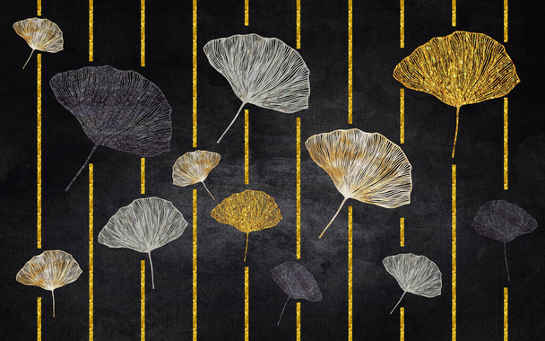 Peinture murale art noir 3d. lignes dorées et noires. plumes chinoises grises - Photo, image