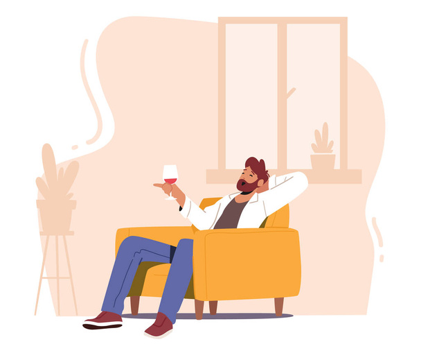 Personagem Masculino Maduro Sente-se em Poltrona Segure Vinho na Mão Relaxante e Apreciando Beber Vinho. Pessoa Beber Álcool - Vetor, Imagem
