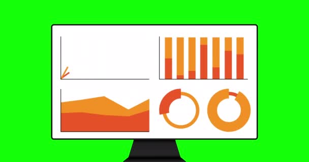 Animierte Infografiken. Animation von vier verschiedenen Diagrammen und Diagrammen in orangefarbener Farbe, dargestellt auf einem Monitor, isoliert auf grünem Hintergrund.  - Filmmaterial, Video