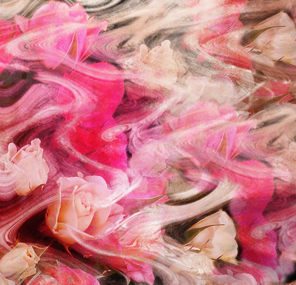 Цветочная открытка с розами и волнистыми туманными полосками на гранжевом фоне
 - Фото, изображение
