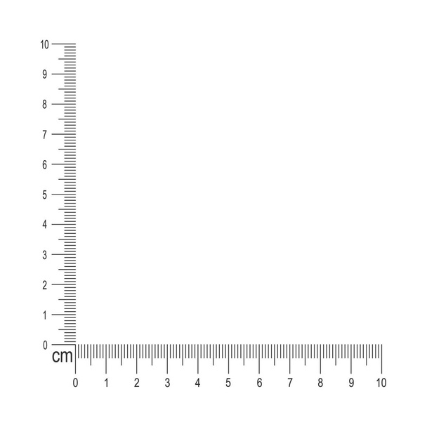 10 см угловой руль. Измерение шаблона инструмента с вертикальными и горизонтальными линиями с сантиметрами и миллиметрами разметки и чисел. Векторная графика - Вектор,изображение