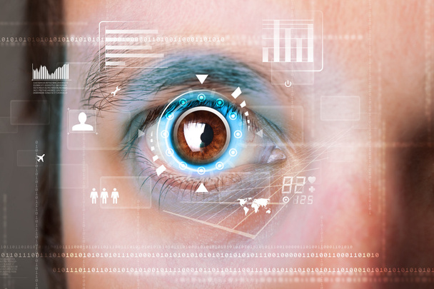 Futuristic modern cyber man with technology screen eye panel - Foto, Bild
