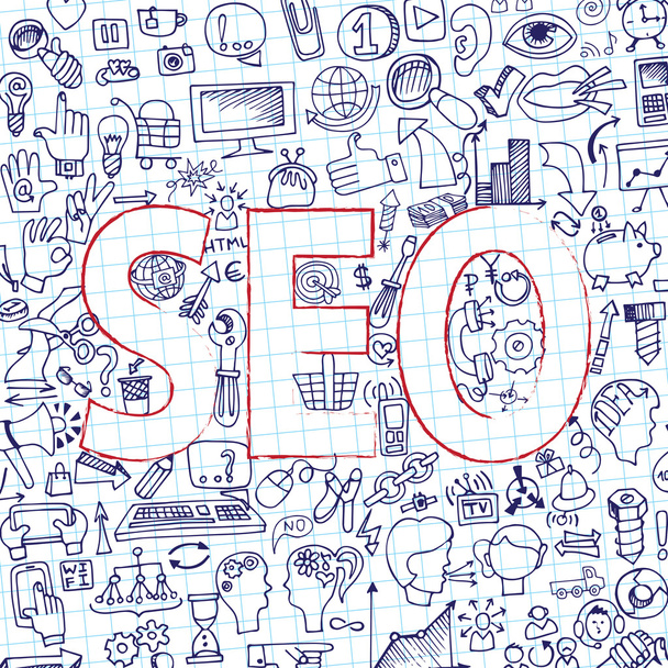 Word seo in Doodle icons. Sketchy notepaper - Foto, immagini