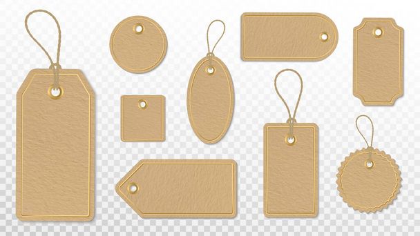 Sale tag labels vector set template. Brown cardboard  tags for discount retail. Paper labels with golden frames and rope. Vector illustration - Vector, Image