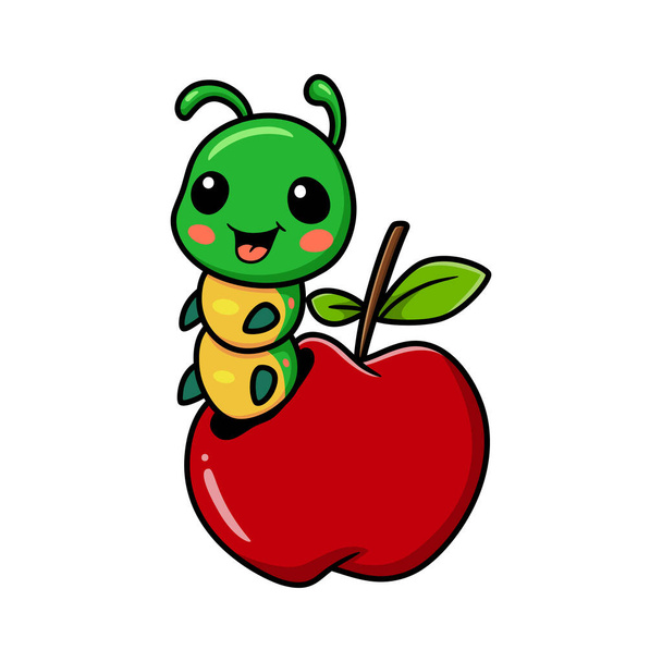 ilustração vetorial de bonito pequena lagarta desenhos animados sai da maçã vermelha - Vetor, Imagem