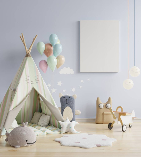 Maquette cadre affiche dans la chambre des enfants avec tente enfants sur fond de mur bleu.3d rendu - Photo, image