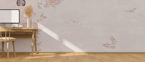 Espace de travail scandinave minimal avec table de travail en bois, maquette d'écran d'ordinateur, chaise en bois et espace de copie sur le sol en bois contre le mur rustique blanc. rendu 3d, illustration 3d - Photo, image
