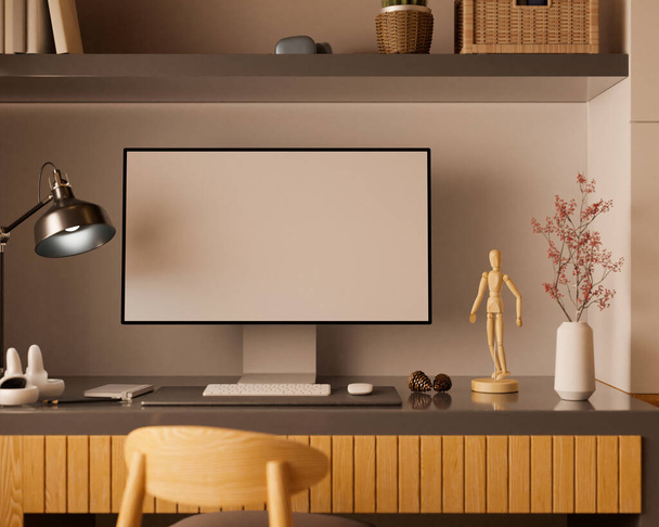 Detailní záběr, Moderní počítačově bílá obrazovka maketa, dodávky a dekorace na stylovém stolním designu. 3D vykreslování, 3D ilustrace - Fotografie, Obrázek