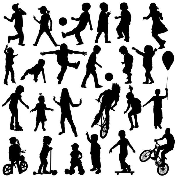 Group of active children, hand drawn sillhouettes of kids playin - Vector, Image