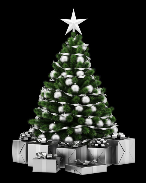 στολισμένο χριστουγεννιάτικο δέντρο με κουτιά δώρων που απομονώνονται σε μαύρο backg - Φωτογραφία, εικόνα