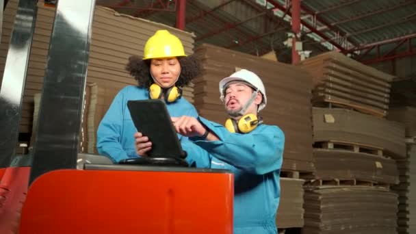 Azjatycki inżynier w mundurze bezpieczeństwa i twardym kapeluszu oraz koleżanka z pracy sprawdzają przechowywanie, magazynowanie w magazynie fabrycznym, stosy produkcji tekturowej układania, zarządzanie produktami przemysłowymi. - Materiał filmowy, wideo