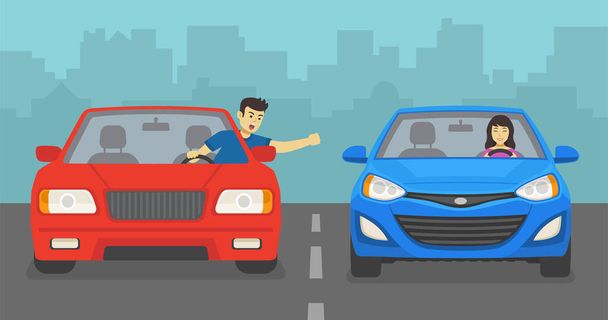 Agresszív férfi sofőr kiabál a női sofőrrel az úton. Dühös férfi és mosolygó nő autót vezet. Lapos vektor illusztráció. - Vektor, kép