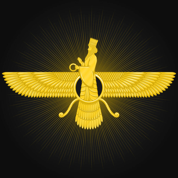 Векторный дизайн символа зороастризма золотым цветом, символ Фаравахара золотым цветом - Вектор,изображение