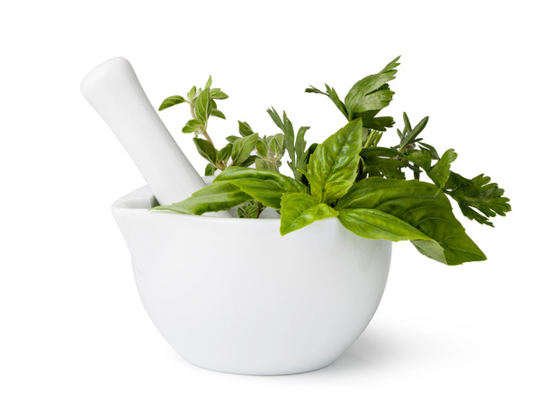 mortar with herbs isolated - Photo, Image
