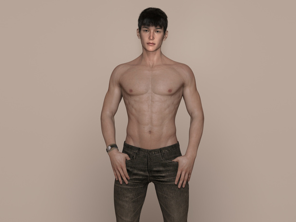 3D Render : Portrait of a smiling young handsome asian man wearing jeans ,shirtless, relax - Zdjęcie, obraz