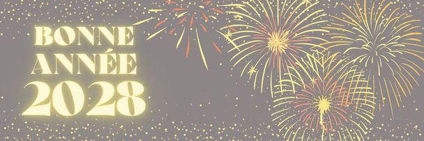 Feliz Ano Novo 2028 ilustração em francês langage com fogos de artifício - Foto, Imagem