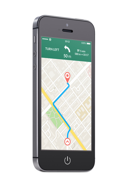 schwarzes modernes Mobiltelefon mit GPS-Navigations-App auf der Karte - Foto, Bild