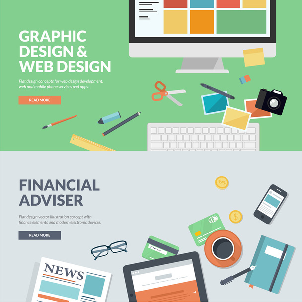 Conceitos de ilustração vetorial de design plano para desenvolvimento de design gráfico e web design e consultor financeiro
 - Vetor, Imagem