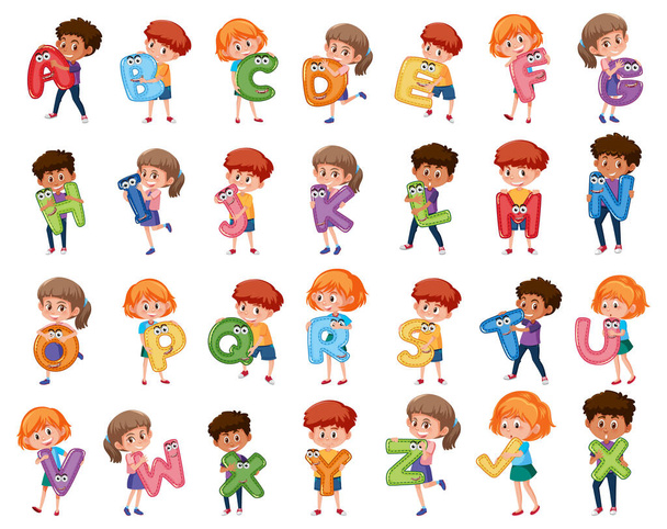 Kinderen met kleurrijke Engelse alfabet op witte achtergrond illustratie - Vector, afbeelding