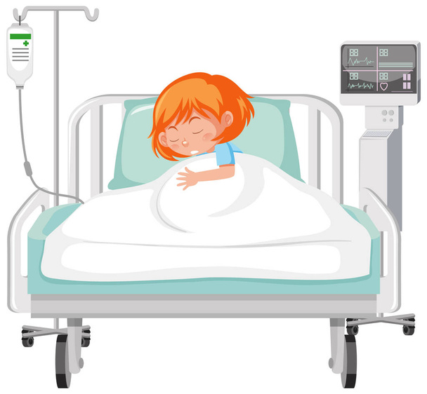Chory dzieciak odpoczywa w szpitalnym łóżku ilustracja - Wektor, obraz