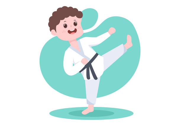 Bonitos desenhos animados crianças fazendo alguns movimentos básicos de artes marciais de Karate, lutando contra a dose e vestindo Kimono em estilo plano de fundo Vector Ilustração - Vetor, Imagem