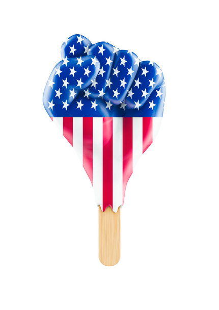 Protest popsicle USA - 3D illustration of raised fist shaped ice cream with American flag isolated on white background - Zdjęcie, obraz