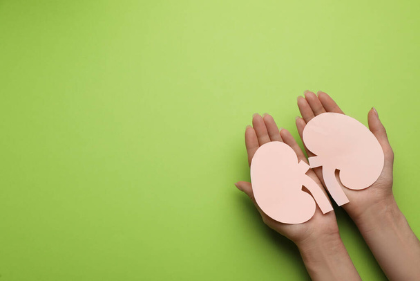 Woman holding paper cutout of kidneys on green background, top view. Space for text - Foto, imagen