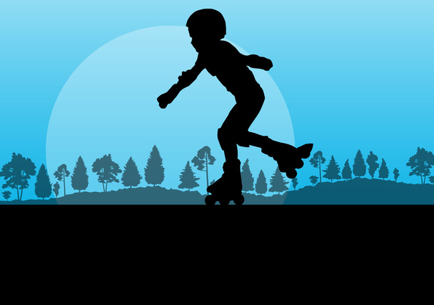 Kid roller skating in park vector background - Vector, Image