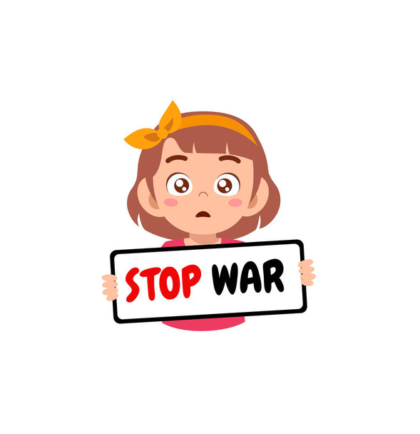 little kid holding anti war sign and feel sad - Vector, imagen