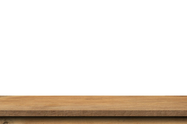 Prázdný starý dřevěný stůl na izolovat bílé pozadí a zobrazit montáž s kopírovacím prostorem pro produkt. - Fotografie, Obrázek