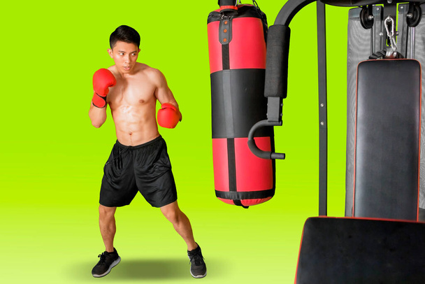 Male boxer exercising with punching bag while standing in the studio with green screen background - Fotografie, Obrázek