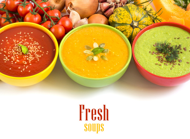 3 つの新鮮なスープと野菜 - 写真・画像
