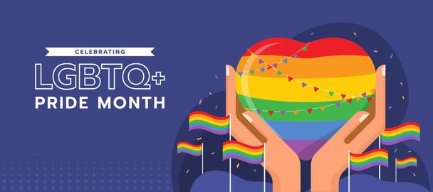 Celebrando LGBTQ + mês de orgulho - mãos segurar cuidado arco-íris coração sinal cruz com bandeira do partido e bandeira do orgulho em torno de fundo roxo escuro vetor design - Vetor, Imagem