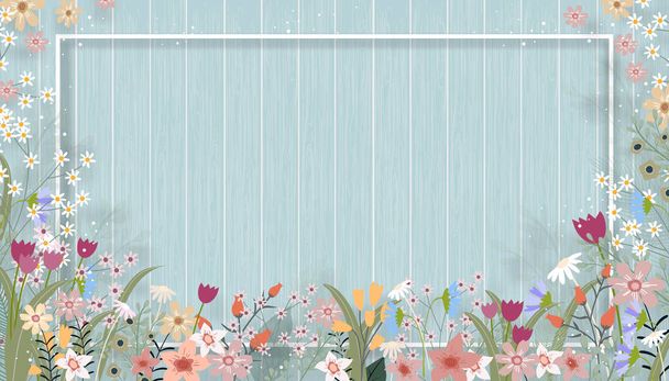 Wiosna tło z ładny kwiat brzeg na drewnianym tle ściany, Wektor ilustracja pozioma tło kwitnącej flory ramki na drewnianym panelu teksturowane, Holiday banner na wiosnę lub lato sprzedaż - Wektor, obraz