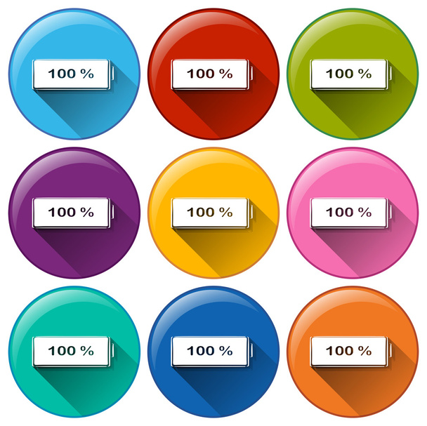 Round icons with fully charged batteries - Vector, afbeelding