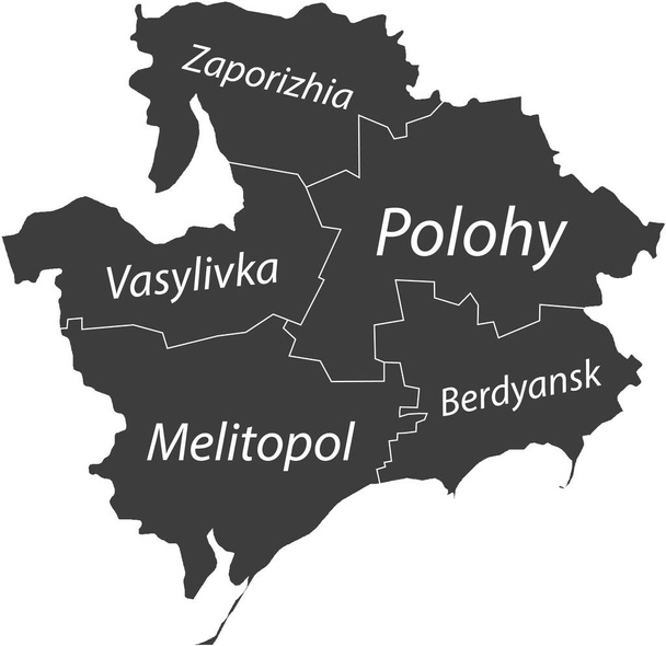 Dark gray flat vector map of raion areas of the Ukrainian administrative area of ZAPORIZHIA OBLAST, UKRAINE with white border lines and name tags of its raions - Vector, Image