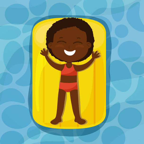 Egy boldog lány fekszik egy felfújható matracon a vízen és a napon. A gyermek piros fürdőruhába van öltözve és mosolyog. Nyári nyaralás rajzfilm stílus felső nézet. - Vektor, kép