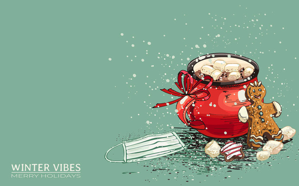 459 _ marshmallow cup _ traditional christmas sweets _ set of medical masks, tablet, estetoscopio taza roja con bebida caliente y malvaviscos, pan de jengibre de Navidad, cinta, tarjeta de año nuevo, máscara médica - Vector, Imagen