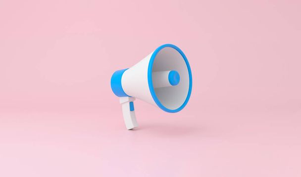 Megaphone in blue and white color on pastel pink background. 3d illustration. - Photo, Image