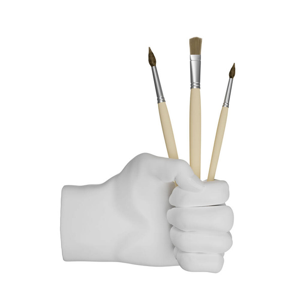 3d gips sculptuur van een hand houdt penselen, Geïsoleerde illustratie op witte achtergrond, 3d rendering - Foto, afbeelding