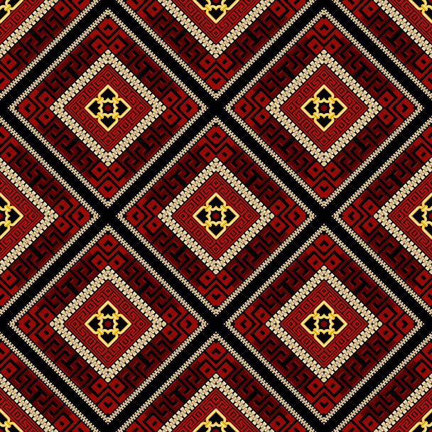 Traditional tribal ethnic style seamless pattern. Vector ornamental greek background. Elegant repeat backdrop. Gold red geometric rhombus ornament with zippers, frames, meanders. Modern ornate design. - Vetor, Imagem