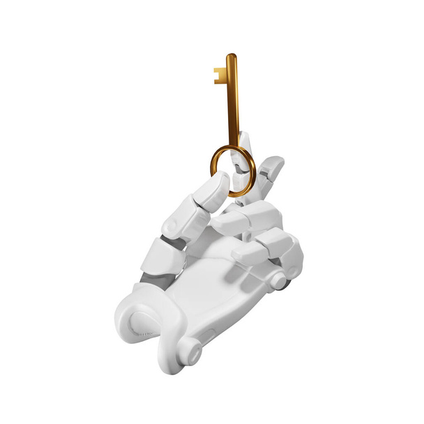 3D robot ruka drží zlatý klíč, izolované na bílém pozadí, 3D vykreslování - Fotografie, Obrázek