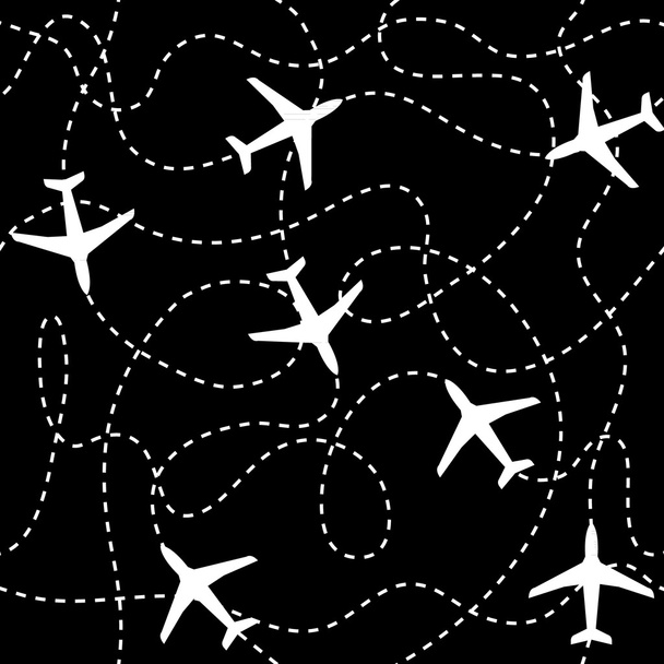 nahtlose Hintergrundflugzeuge, die mit gestrichelten Linien als Gleise oder Route fliegen - Vektor, Bild