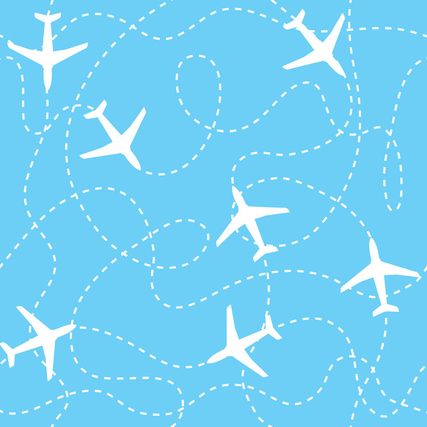 Seamless background airplanes flying with dashed lines as tracks or routes on blue sky - Vector, Image
