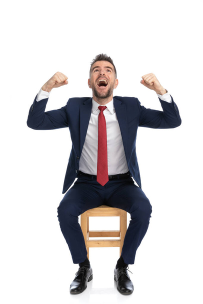 excited businessman in suit with fists in the air looking up, cheering, screaming and celebrating victory while sitting on wooden chair on white background - Photo, image