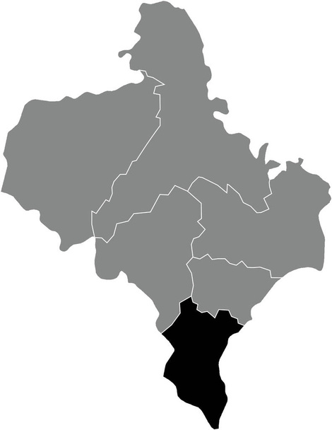 Black flat blank highlighted location map of the VERKHOVYNA RAION inside gray raions map of the Ukrainian administrative area of Ivano-Frankivsk Oblast, Ukraine - Vector, Image