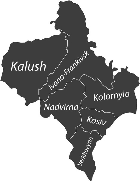 Dark gray flat vector map of raion areas of the Ukrainian administrative area of IVANO-FRANKIVSK OBLAST, UKRAINE with white border lines and name tags of its raions - Vector, Image