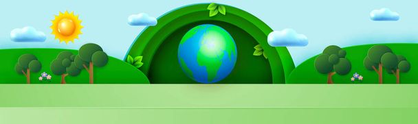 Minimal scene with a round frame in green tones against a cloudy sky. Planet, trees, flowers. Stage for product demonstration, showcase. Composition for Earth Day. Vector illustration - Vector, Image