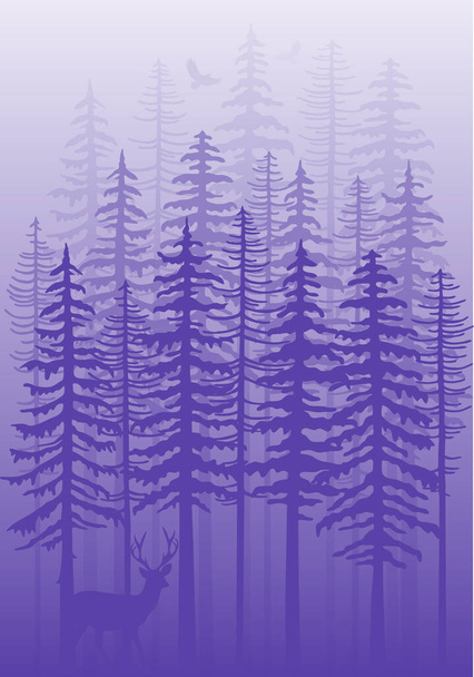 Purple winter forest with fir trees, deer and birds, very peri vector background illustration - Vector, Image